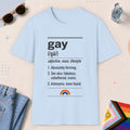 Light Blue color all-gender graphic t-shirt with "Gay Definition" design