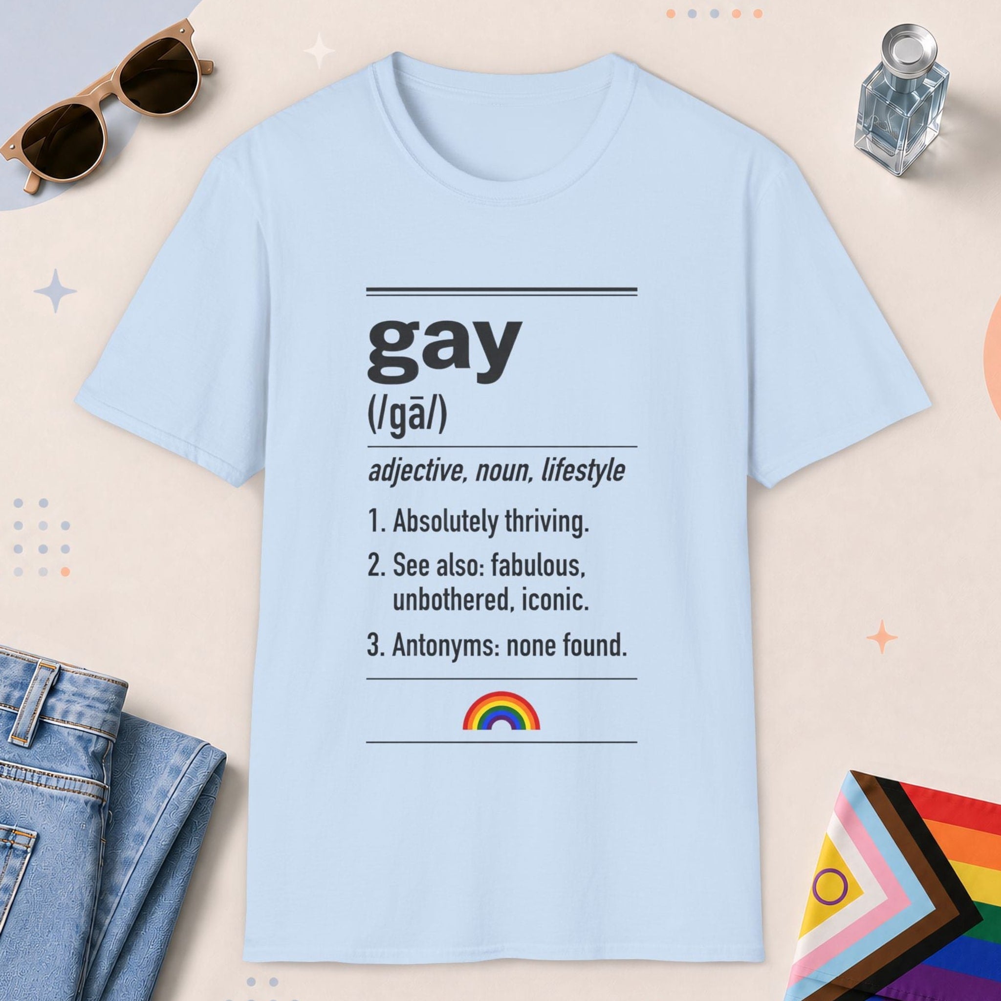 Light Blue color all-gender graphic t-shirt with "Gay Definition" design