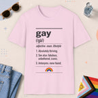 Light Pink color all-gender graphic t-shirt with "Gay Definition" design