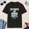 Black color all-gender graphic t-shirt with "Gay Rights Are Human Rights" design