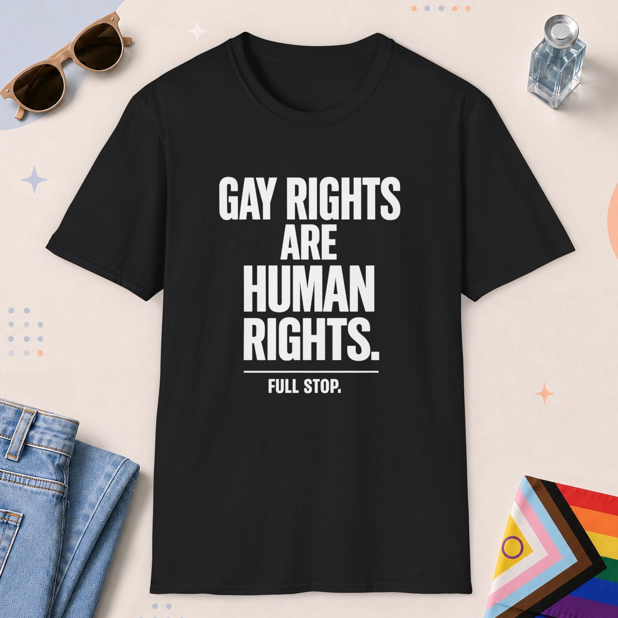 Black color all-gender graphic t-shirt with "Gay Rights Are Human Rights" design