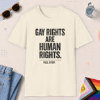 Natural color all-gender graphic t-shirt with "Gay Rights Are Human Rights" design