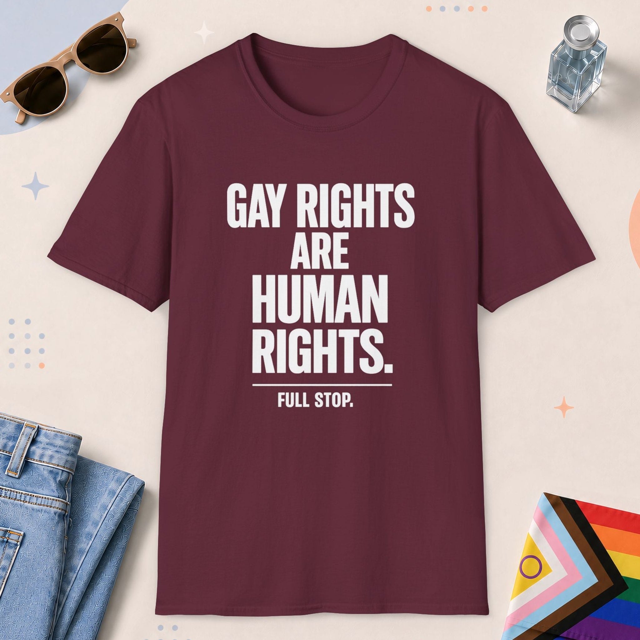 Maroon color all-gender graphic t-shirt with "Gay Rights Are Human Rights" design