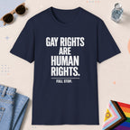 Navy color all-gender graphic t-shirt with "Gay Rights Are Human Rights" design