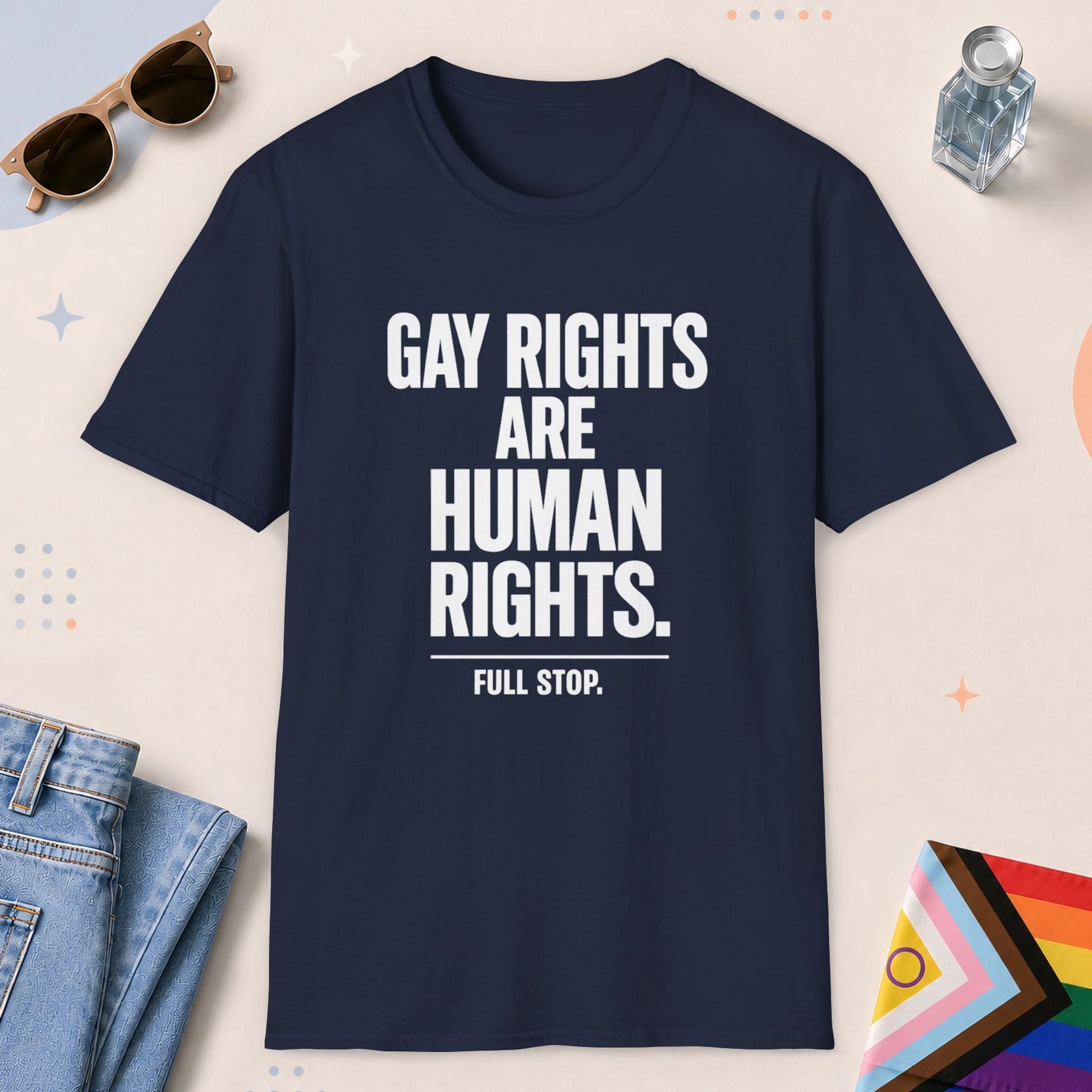 Navy color all-gender graphic t-shirt with "Gay Rights Are Human Rights" design