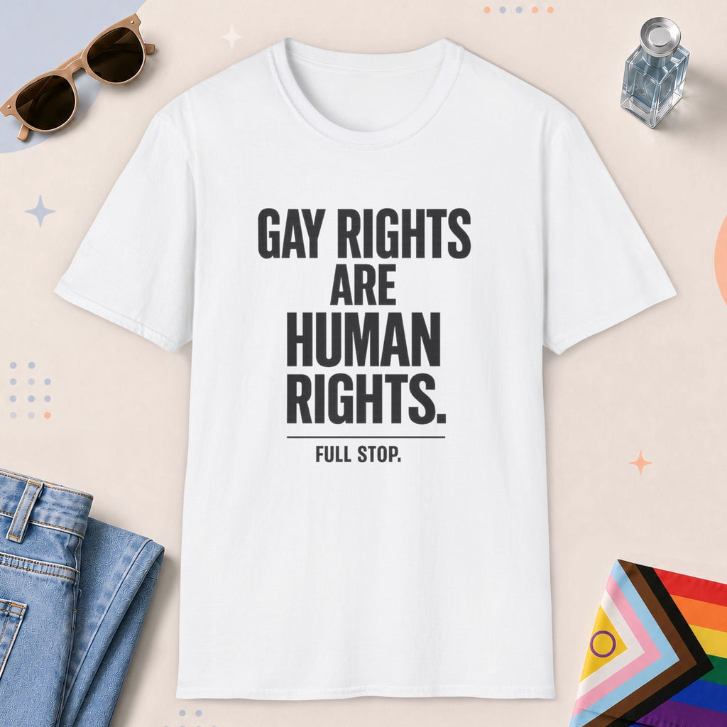 White color all-gender graphic t-shirt with "Gay Rights Are Human Rights" design