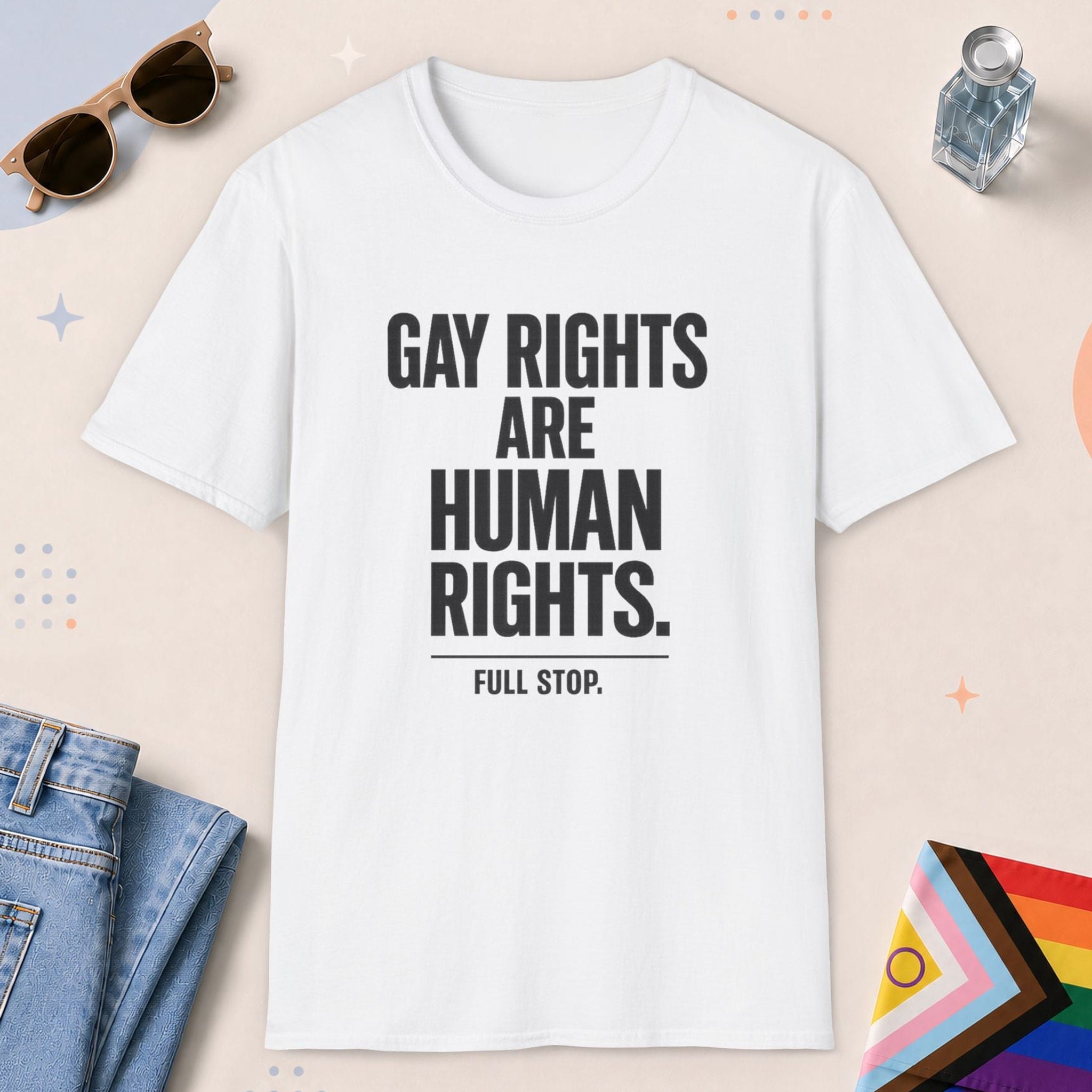 White color all-gender graphic t-shirt with "Gay Rights Are Human Rights" design