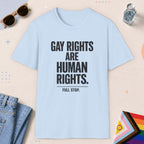 Light Blue color all-gender graphic t-shirt with "Gay Rights Are Human Rights" design