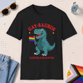 Black color all-gender graphic t-shirt with "Gay-Saurus" design