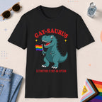 Black color all-gender graphic t-shirt with "Gay-Saurus" design