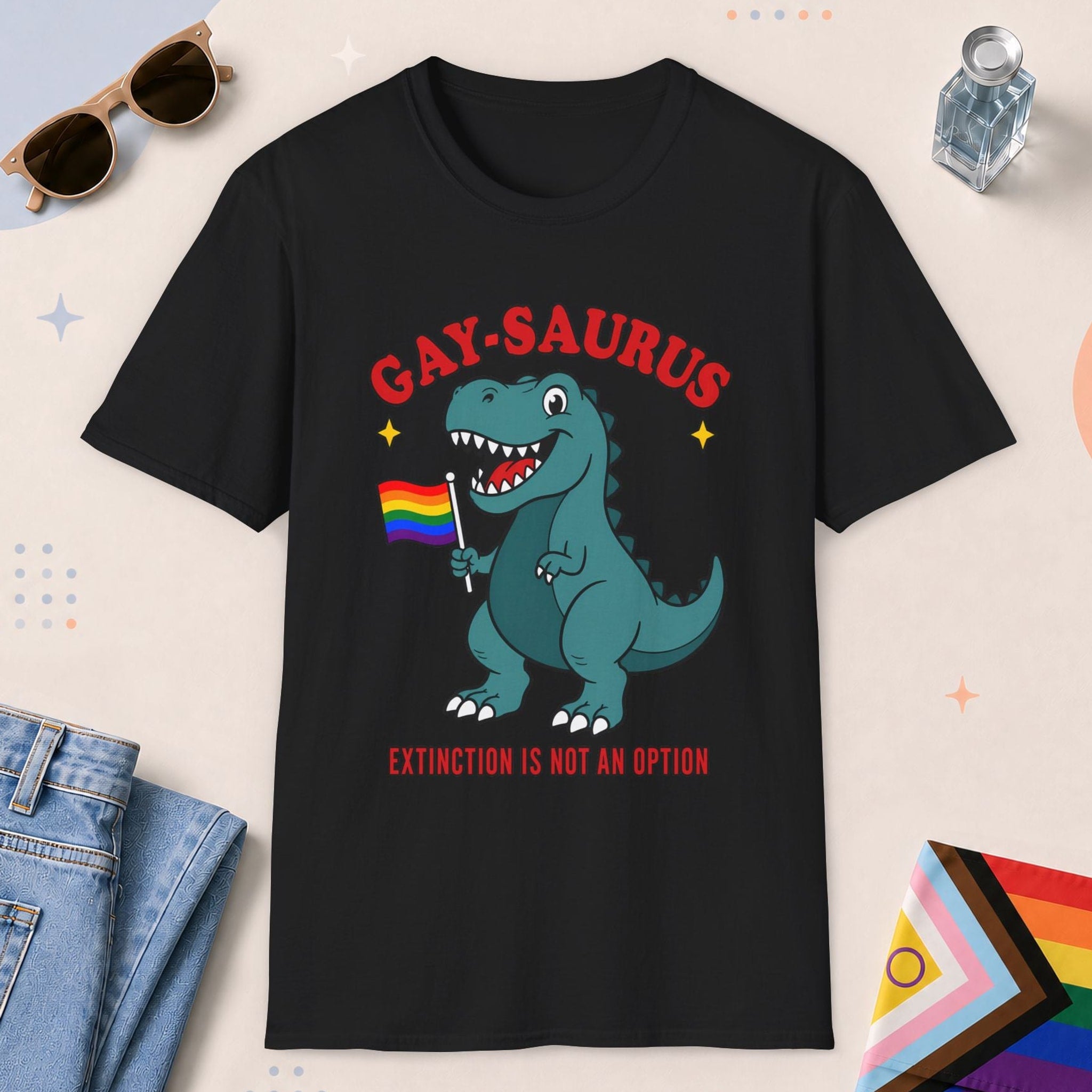 Black color all-gender graphic t-shirt with "Gay-Saurus" design