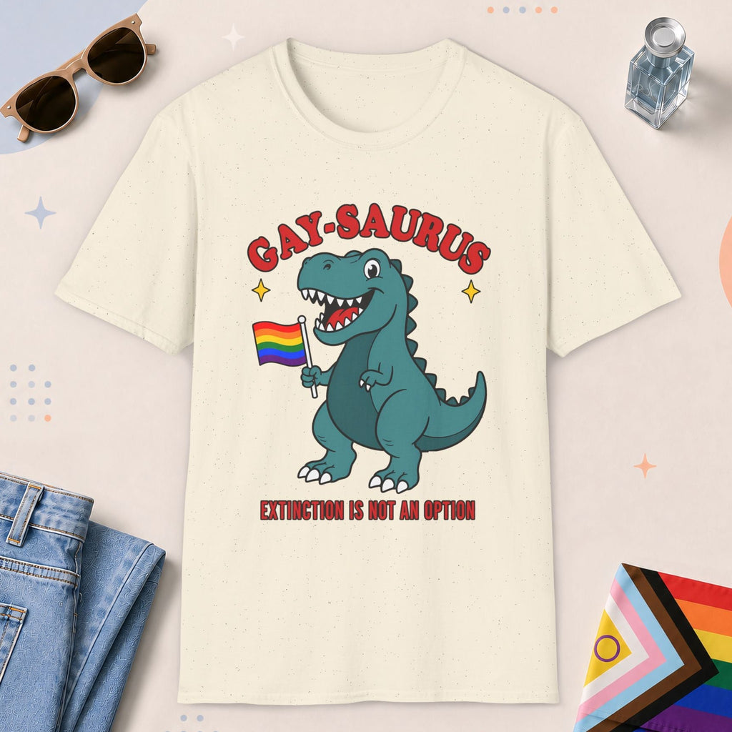 Natural color all-gender graphic t-shirt with "Gay-Saurus" design