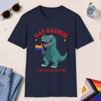 Navy color all-gender graphic t-shirt with "Gay-Saurus" design