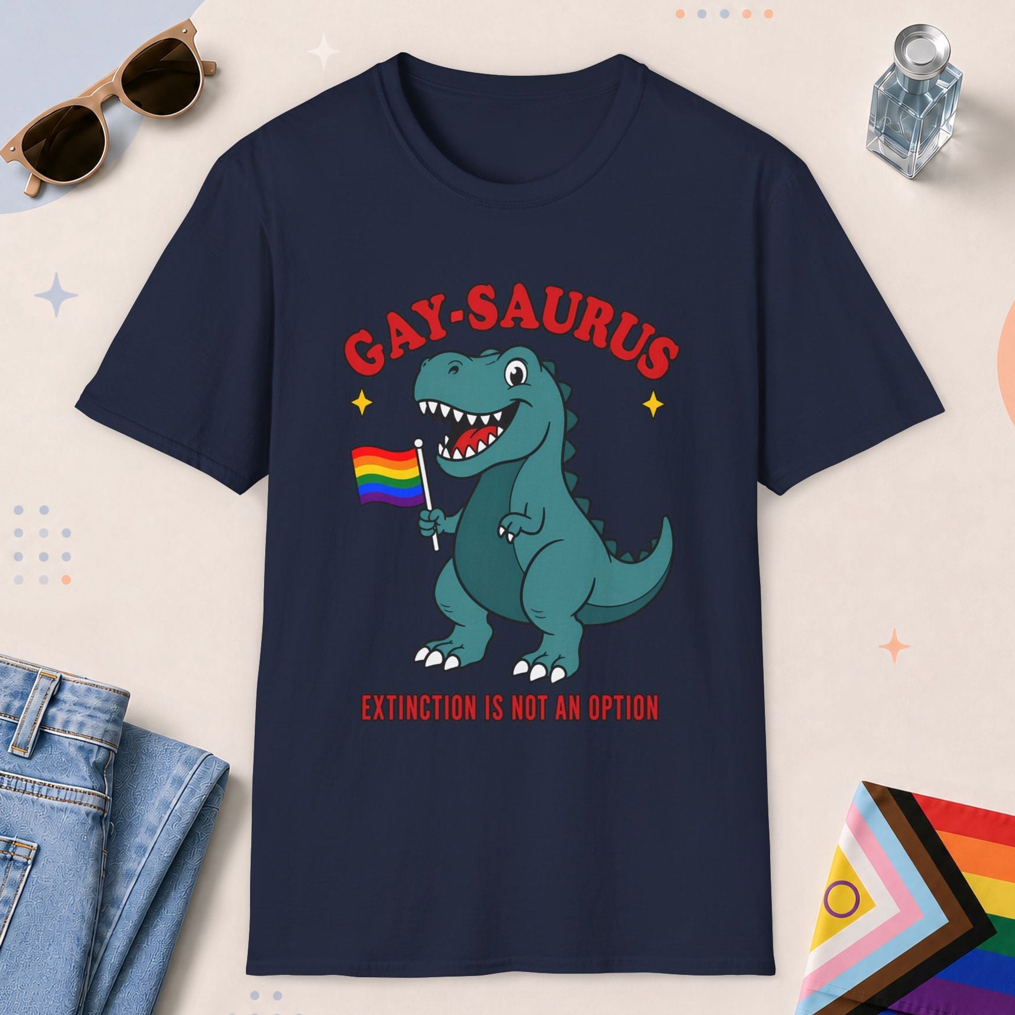 Navy color all-gender graphic t-shirt with "Gay-Saurus" design