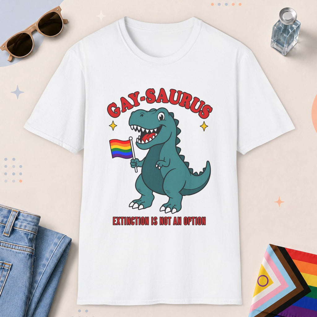 White color all-gender graphic t-shirt with "Gay-Saurus" design