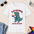 White color all-gender graphic t-shirt with "Gay-Saurus" design
