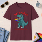 Maroon color all-gender graphic t-shirt with "Gay-Saurus" design