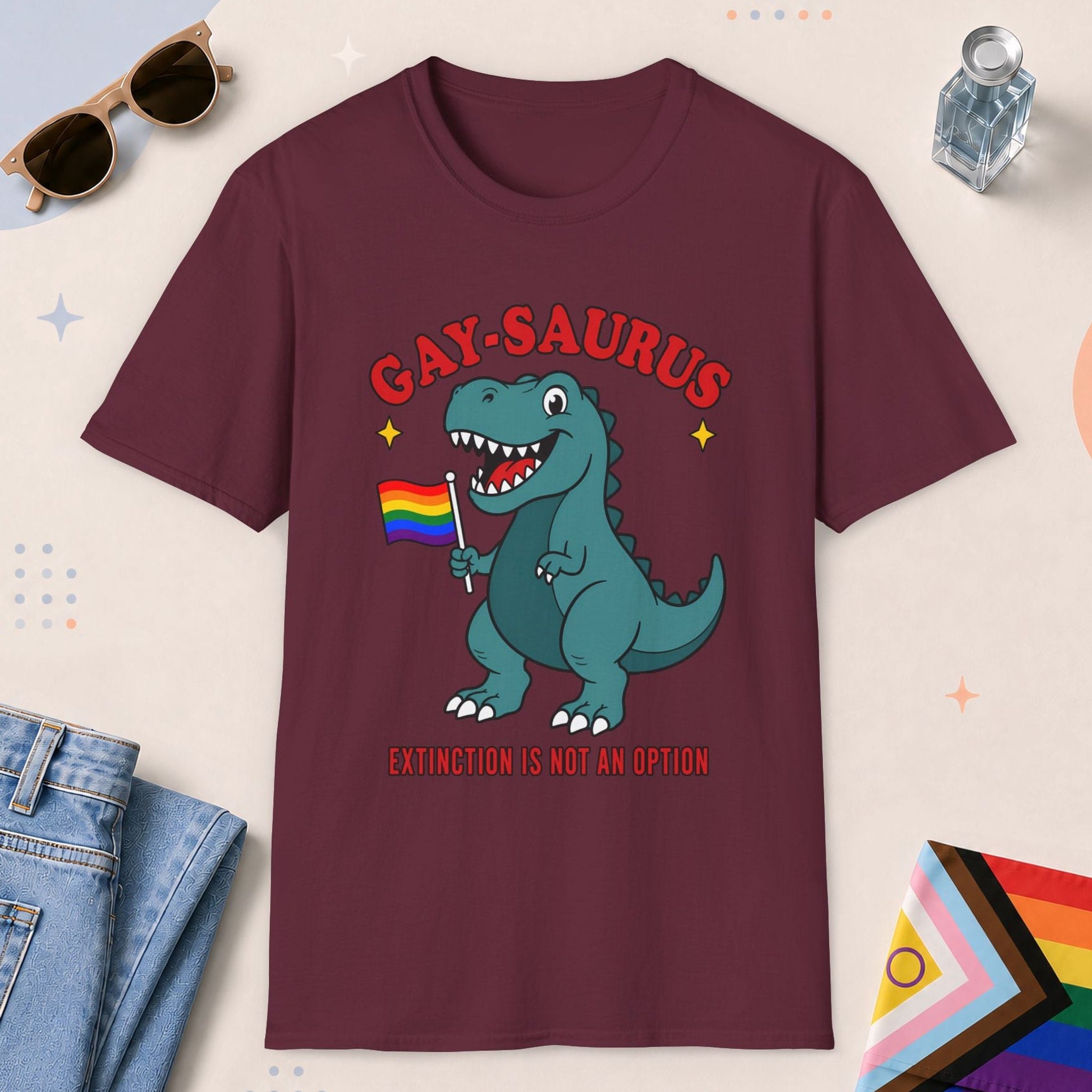 Maroon color all-gender graphic t-shirt with "Gay-Saurus" design