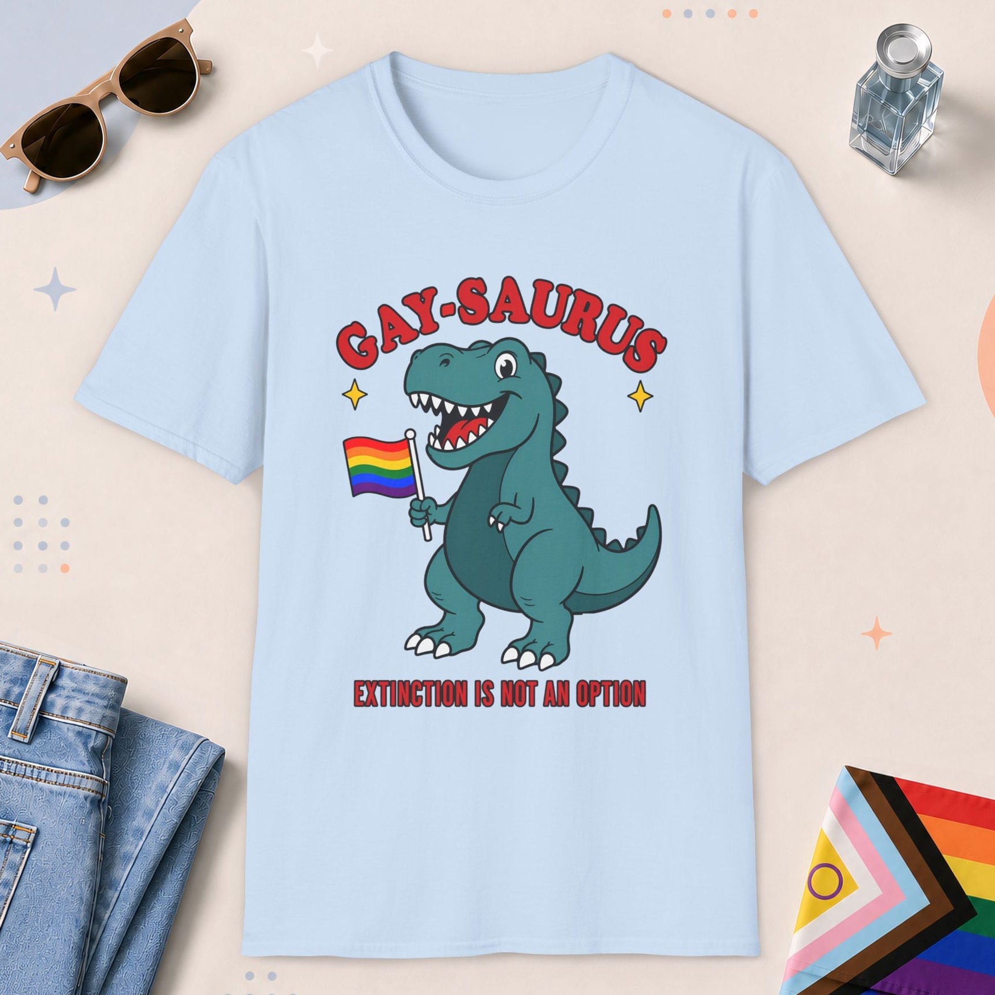 Light Blue color all-gender graphic t-shirt with "Gay-Saurus" design