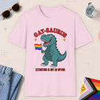 Light Pink color all-gender graphic t-shirt with "Gay-Saurus" design