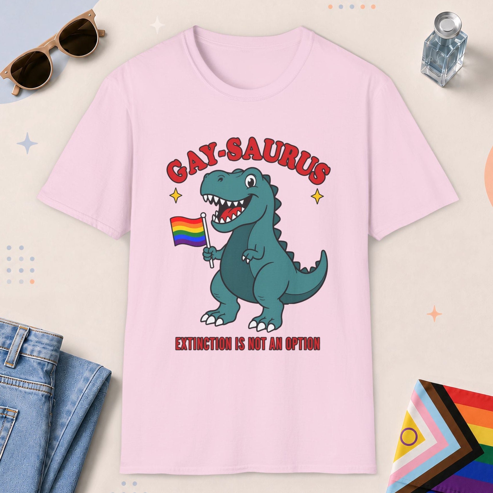 Light Pink color all-gender graphic t-shirt with "Gay-Saurus" design