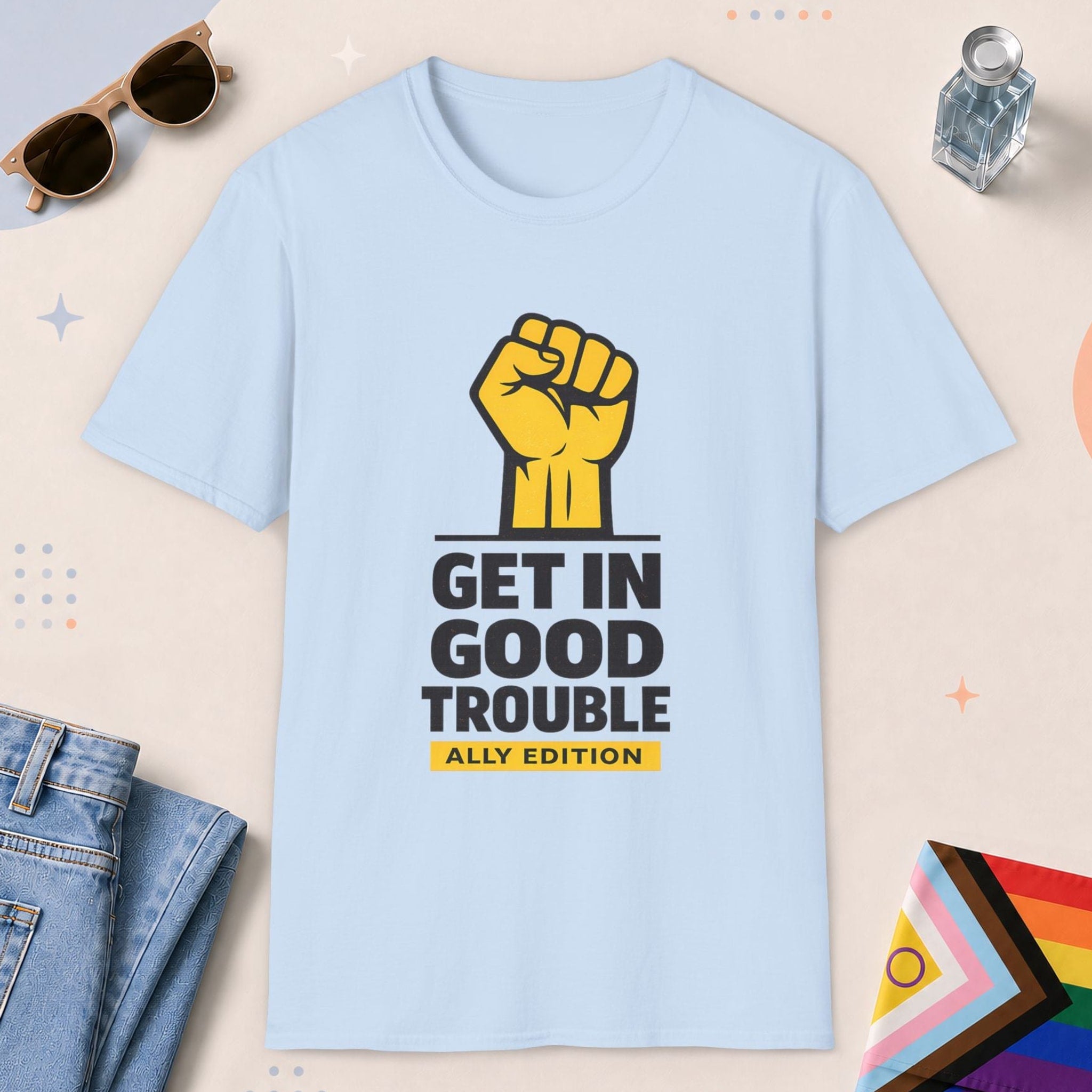 Light Blue color all-gender graphic t-shirt with "Get In Good Trouble" design