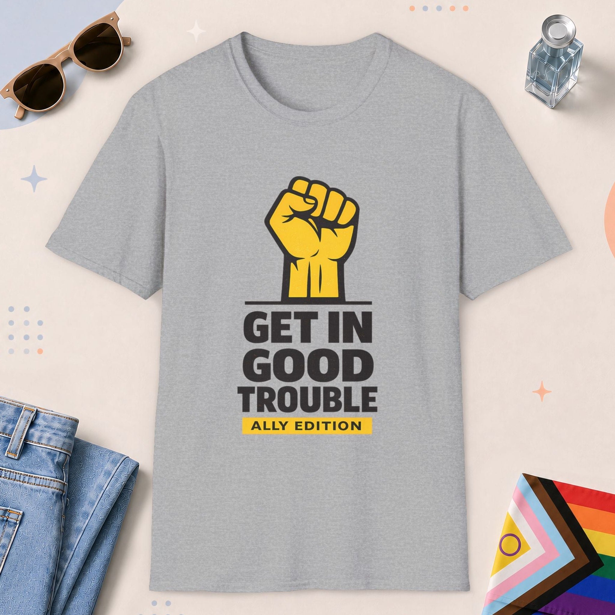 Sport Grey color all-gender graphic t-shirt with "Get In Good Trouble" design