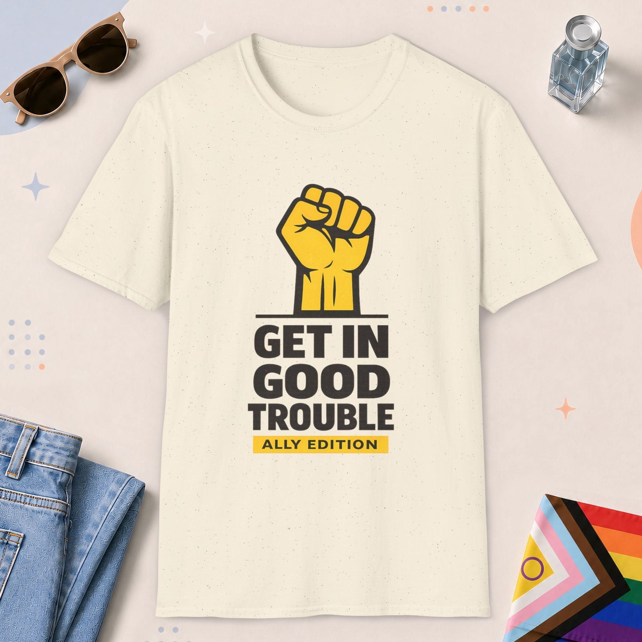 Natural color all-gender graphic t-shirt with "Get In Good Trouble" design