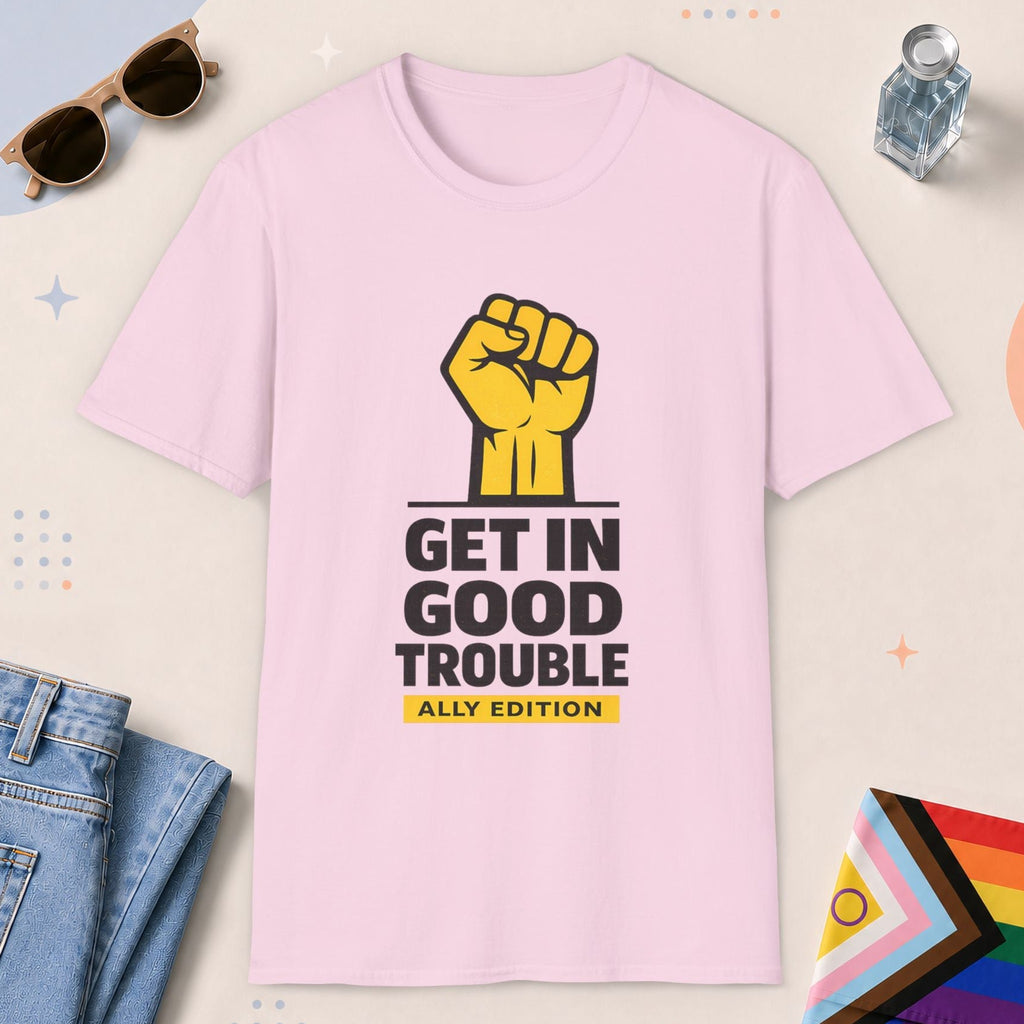 Light Pink color all-gender graphic t-shirt with "Get In Good Trouble" design