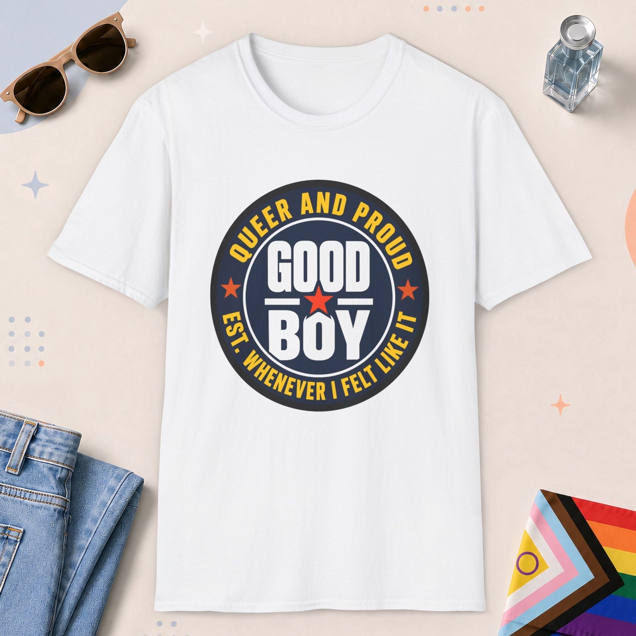 White color all-gender graphic t-shirt with "Good Boy" design