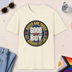 Natural color all-gender graphic t-shirt with "Good Boy" design