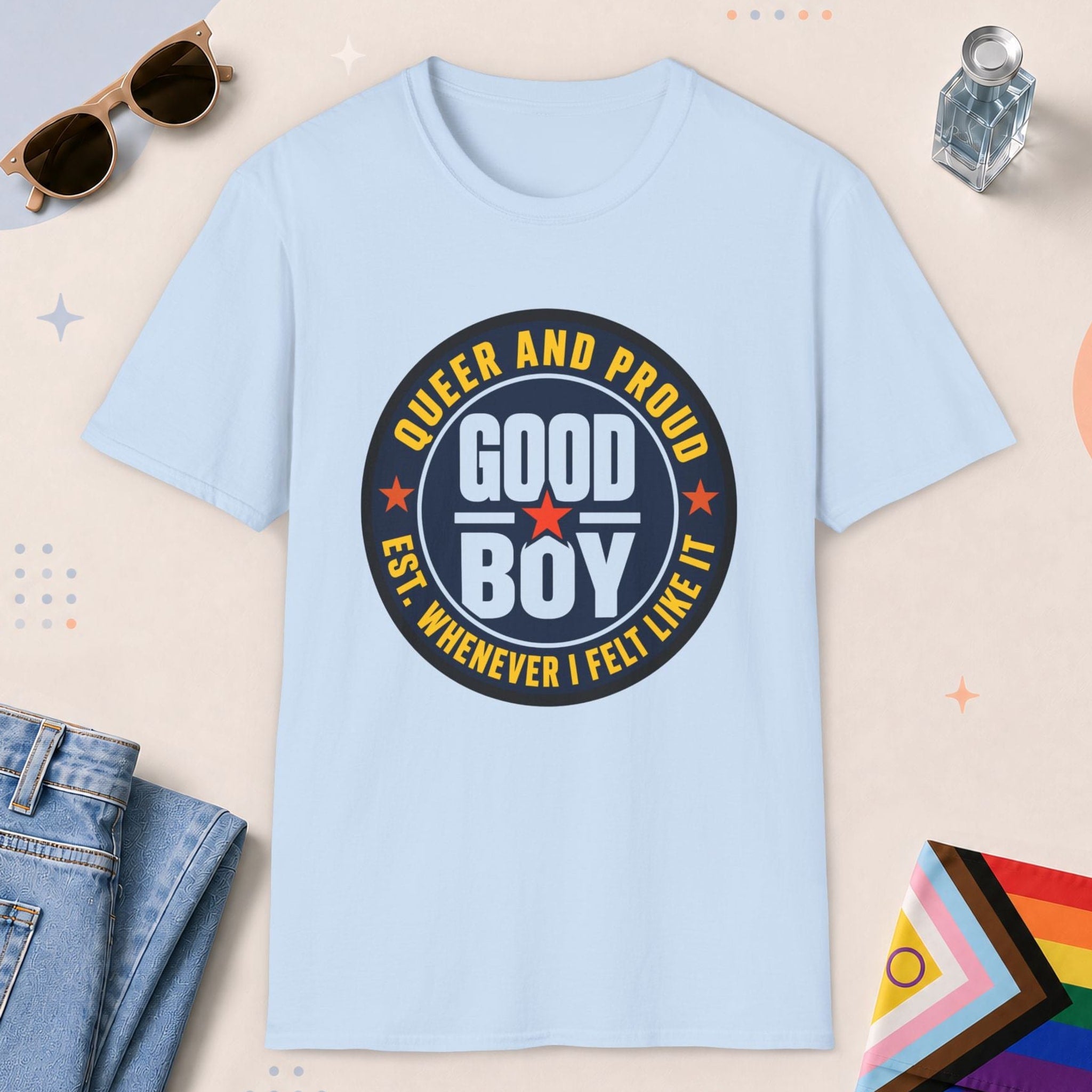 Light Blue color all-gender graphic t-shirt with "Good Boy" design