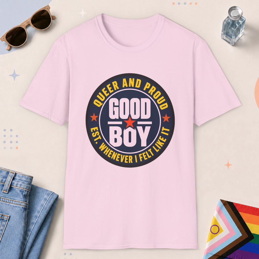 Light Pink color all-gender graphic t-shirt with "Good Boy" design