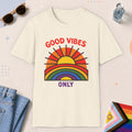 Natural color all-gender graphic t-shirt with "Good Vibes Only" design