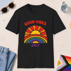Black color all-gender graphic t-shirt with "Good Vibes Only" design
