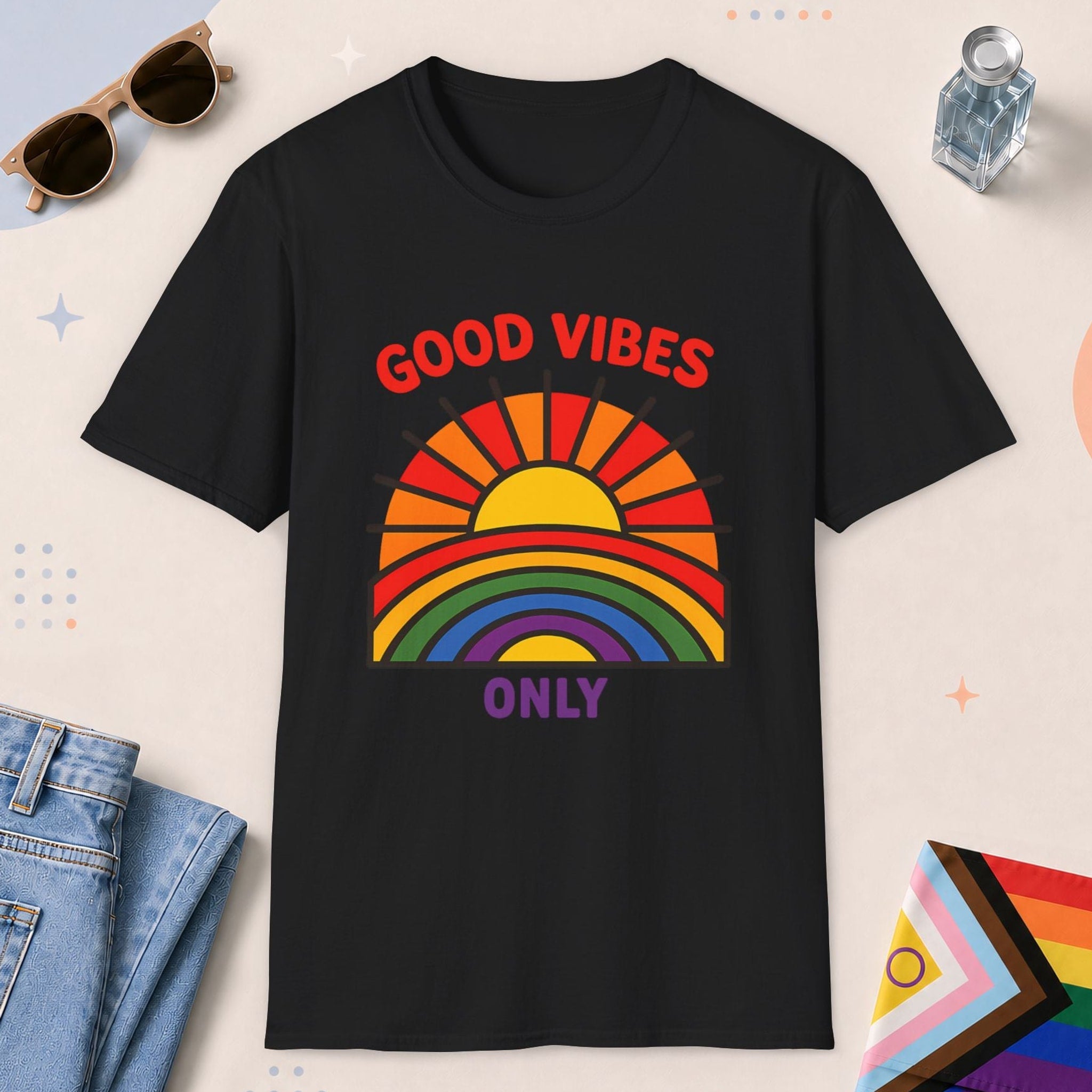 Black color all-gender graphic t-shirt with "Good Vibes Only" design