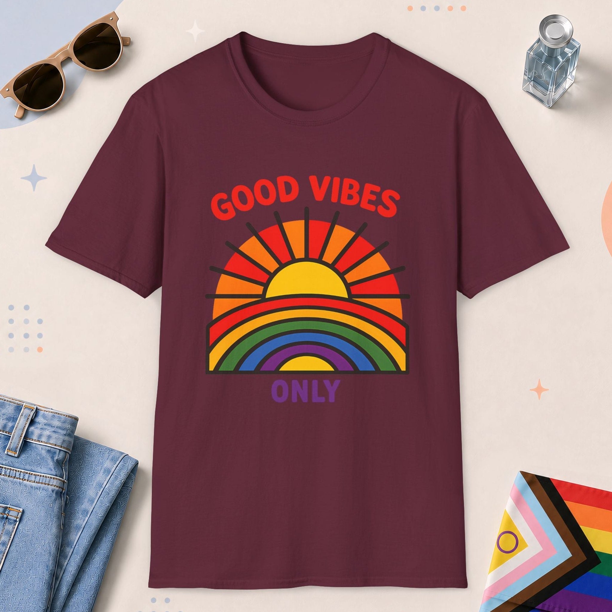 Maroon color all-gender graphic t-shirt with "Good Vibes Only" design