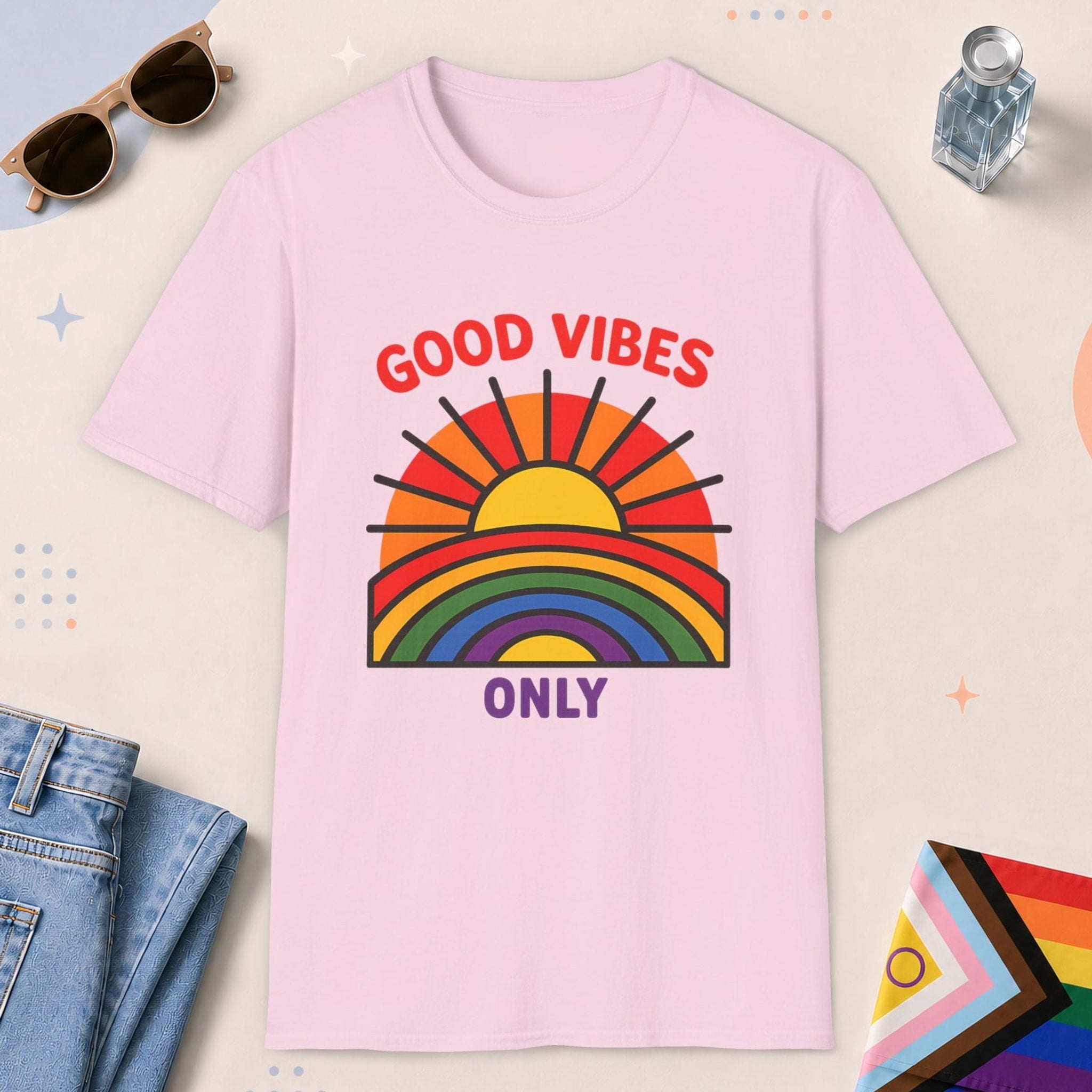 Light Pink color all-gender graphic t-shirt with "Good Vibes Only" design