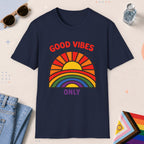 Navy color all-gender graphic t-shirt with "Good Vibes Only" design