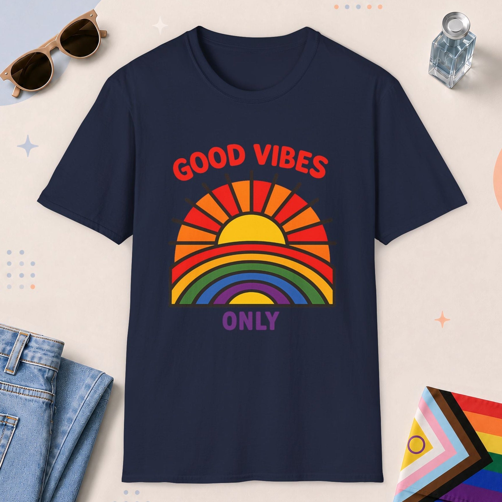 Navy color all-gender graphic t-shirt with "Good Vibes Only" design