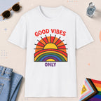 White color all-gender graphic t-shirt with "Good Vibes Only" design