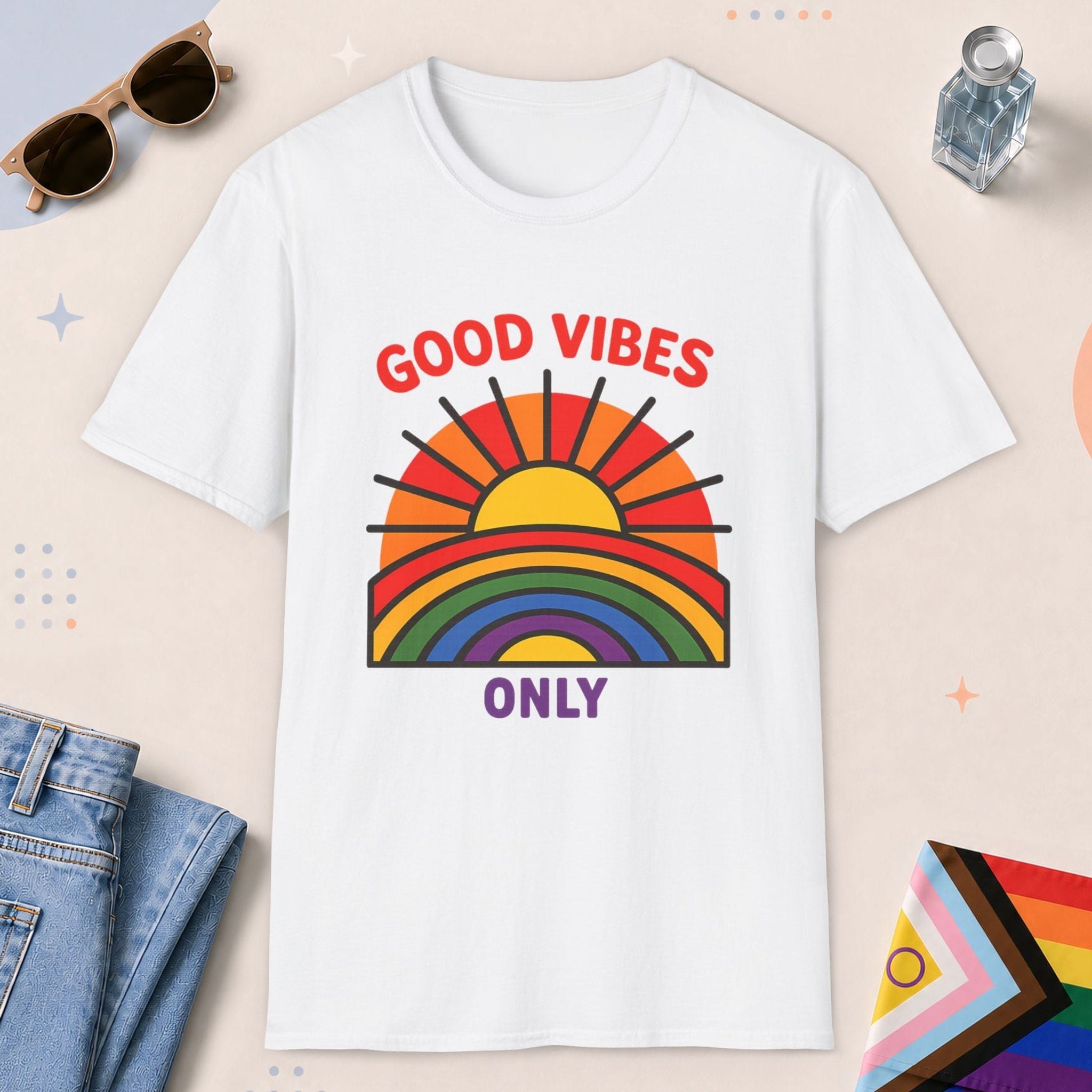 White color all-gender graphic t-shirt with "Good Vibes Only" design