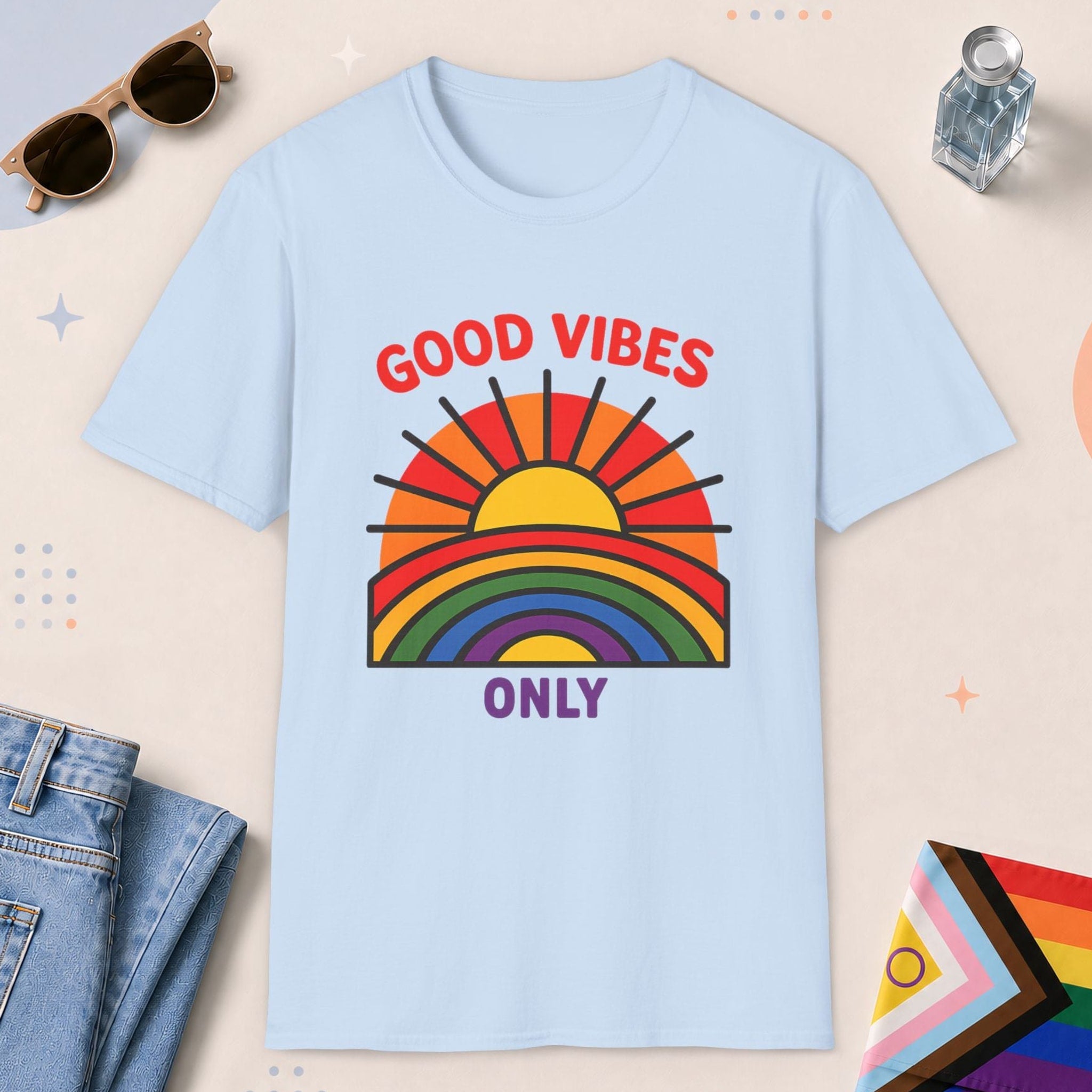 Light Blue color all-gender graphic t-shirt with "Good Vibes Only" design