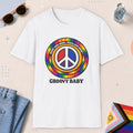 White color all-gender graphic t-shirt with "Groovy Baby" design