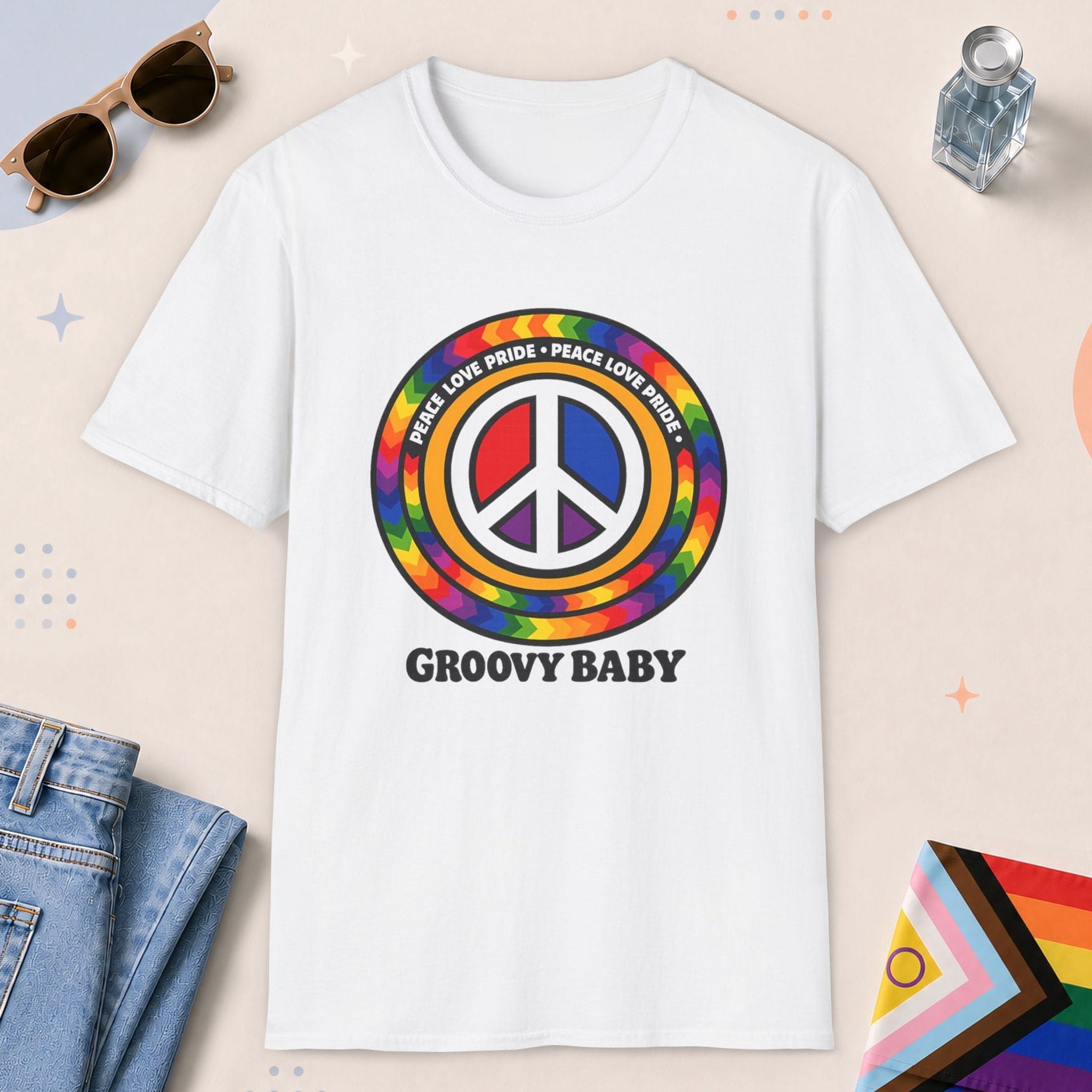 White color all-gender graphic t-shirt with "Groovy Baby" design