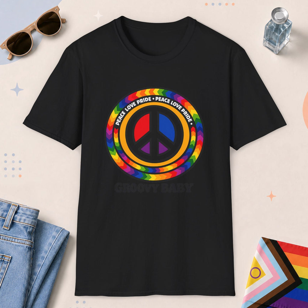 Black color all-gender graphic t-shirt with "Groovy Baby" design