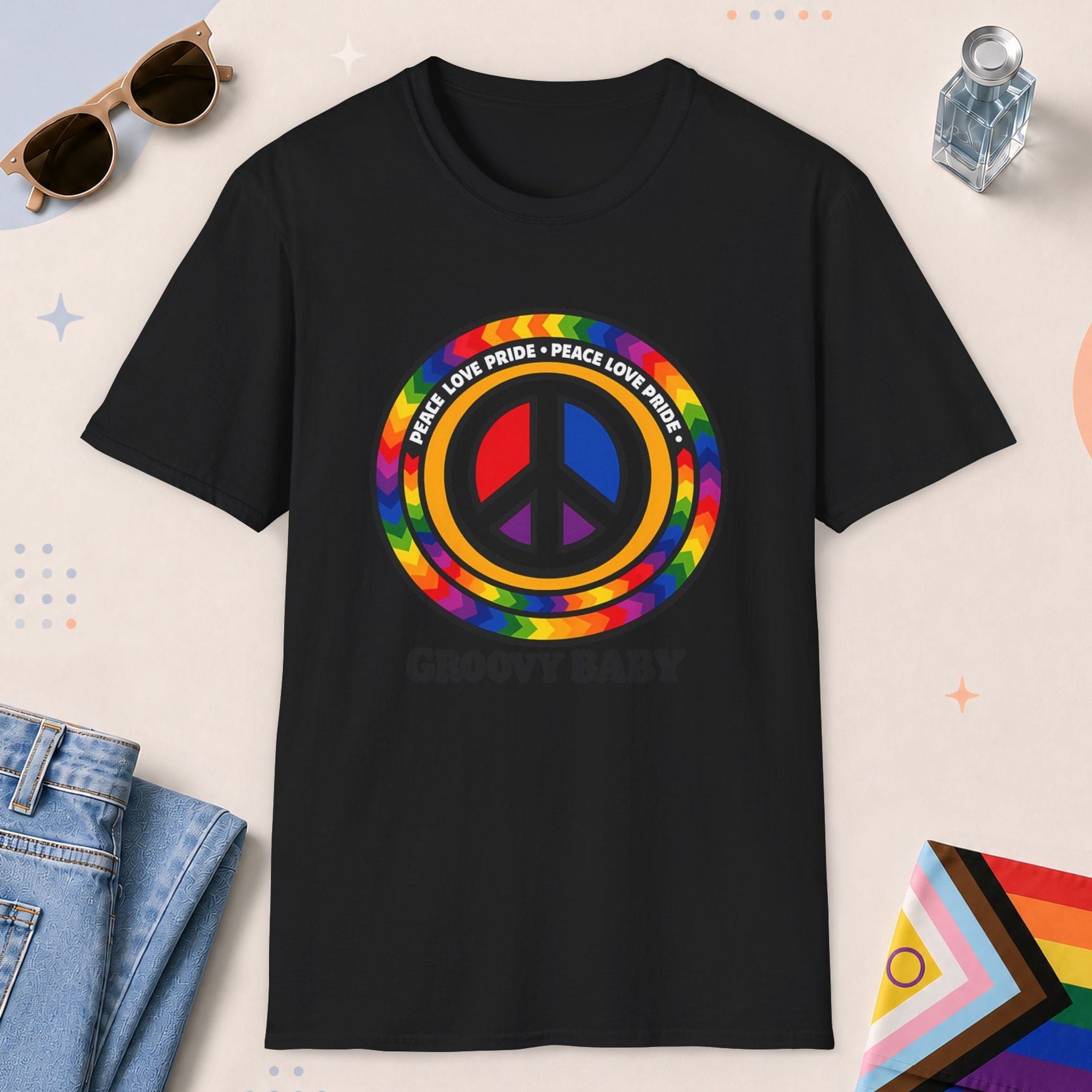 Black color all-gender graphic t-shirt with "Groovy Baby" design