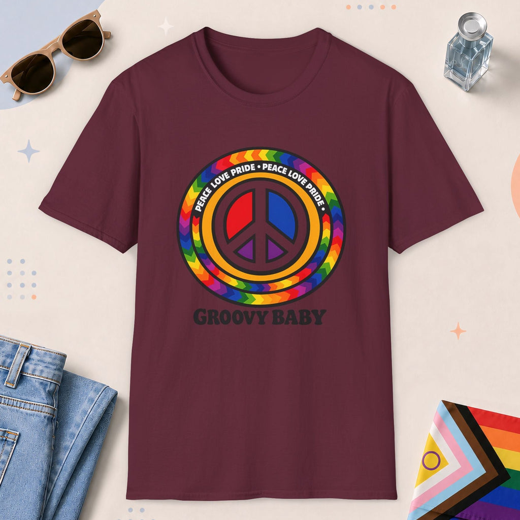 Maroon color all-gender graphic t-shirt with "Groovy Baby" design