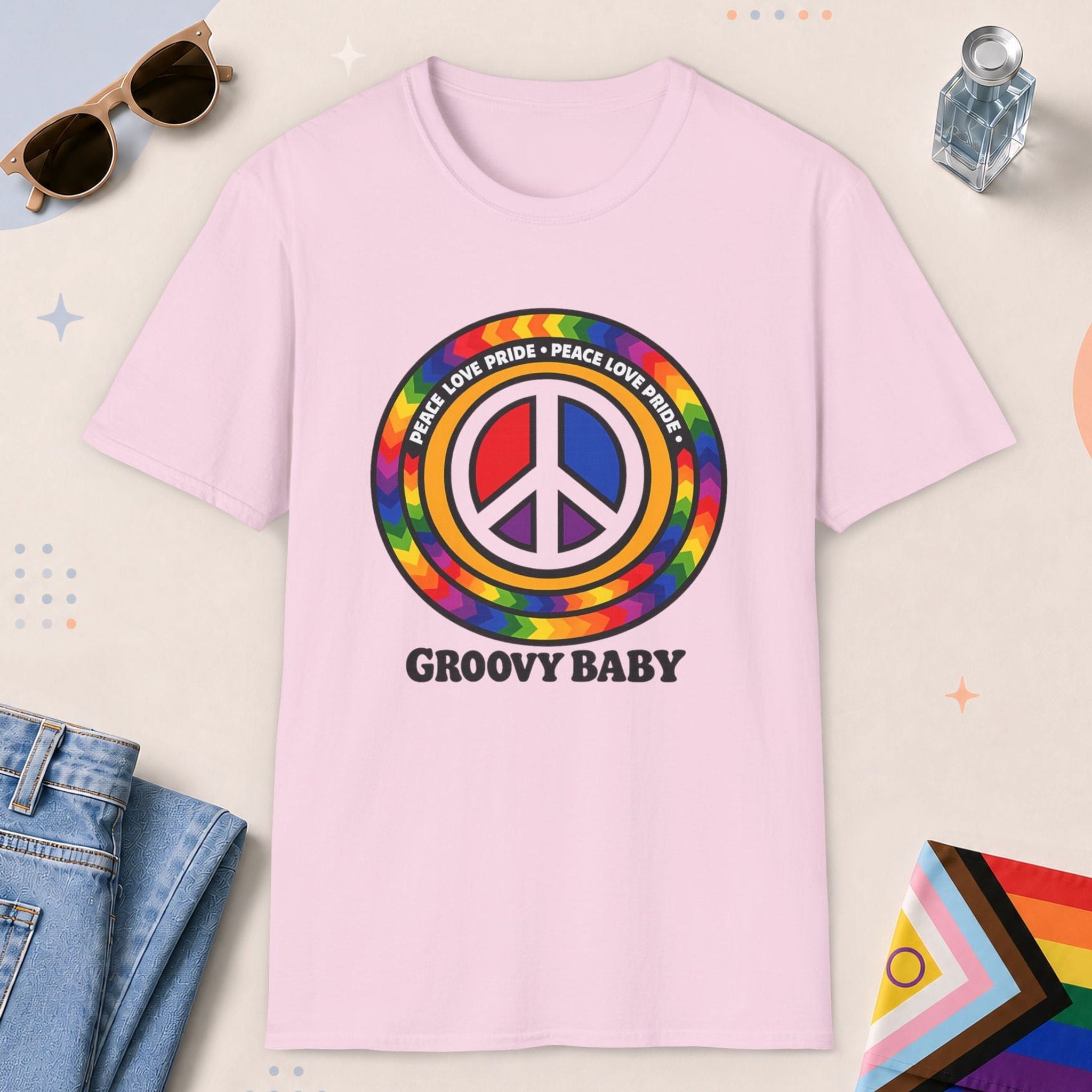Light Pink color all-gender graphic t-shirt with "Groovy Baby" design