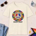 Natural color all-gender graphic t-shirt with "Groovy Baby" design
